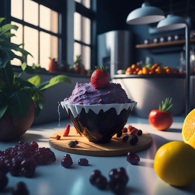 Photo un bol de glace violette avec une fraise sur le dessus.