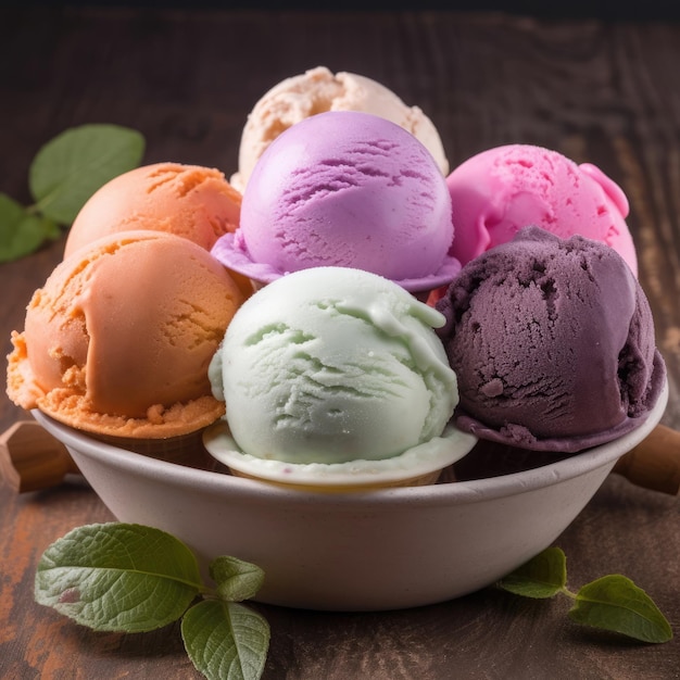 Un bol de glaces colorées avec des feuilles vertes sur une table en bois.