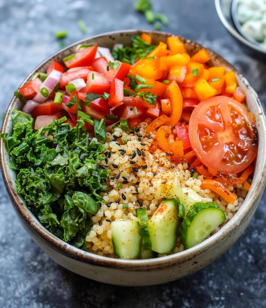 Un bol de grain végétarien avec des légumes frais.