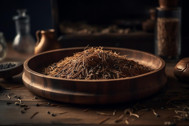 Photo un bol de graines séchées est posé sur une table.