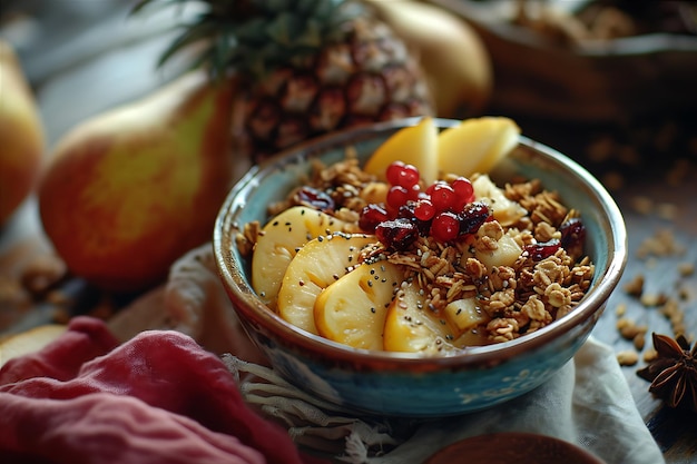 Un bol de granola avec de l'ananas et des poires