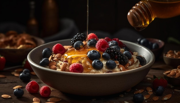 Bol de granola aux framboises fraîches au lait d'amande généré par l'IA