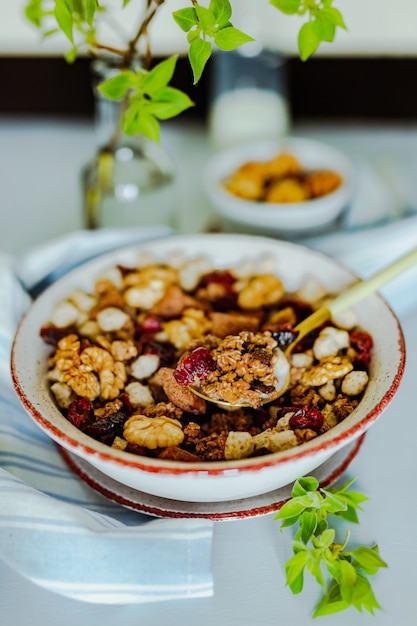 Photo un bol granola aux noix, chocolat et canneberges séchées, une bouteille de lait, un petit bol avec des noix, une serviette et une branche verte