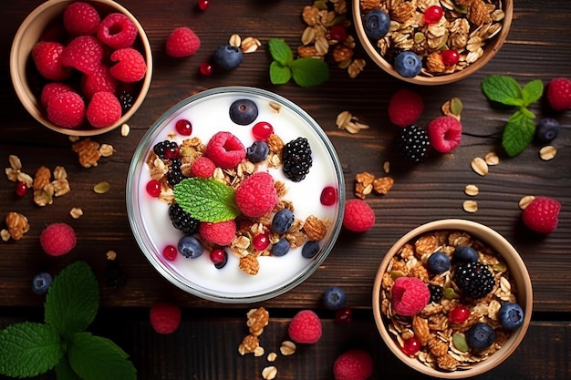 Un bol de granola avec des baies et du granola sur la table.