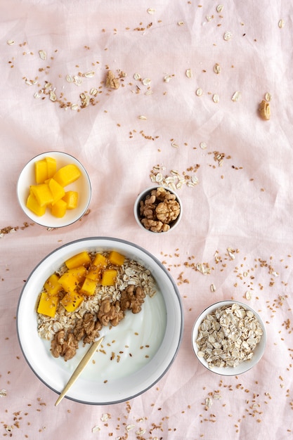 Bol de granola fait maison avec du yaourt et des céréales