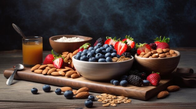 Un bol de granola, de myrtilles et d'amandes est posé sur une table.