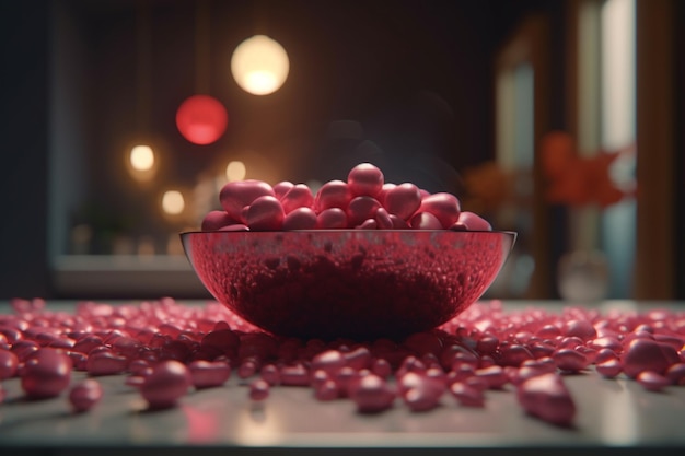 Un bol de grenades rouges se trouve sur une table avec un fond rouge.