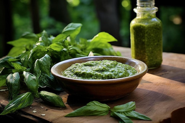 un bol de guacamole avec une bouteille de persil.