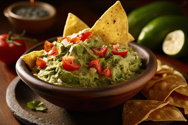 Un bol de guacamole crémeux avec avocat, tomate, coriandre, citron vert et chips de tortilla