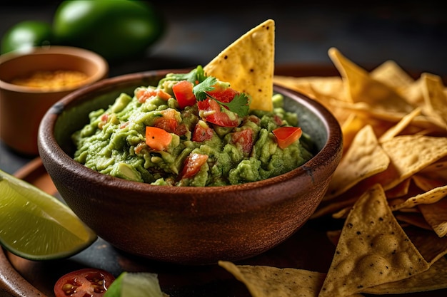 Un bol de guacamole crémeux avec avocat, tomate, coriandre, citron vert et chips de tortilla