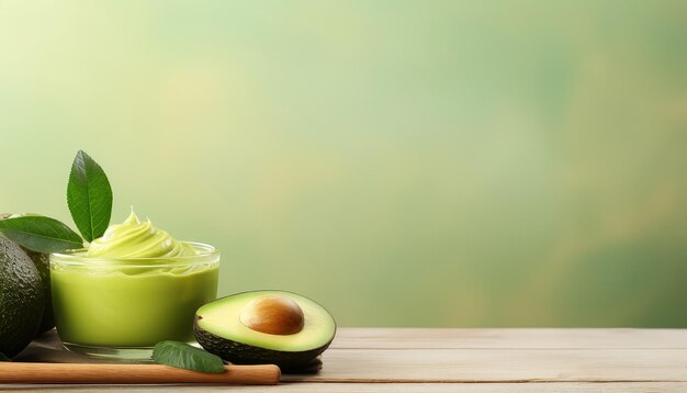 Un bol de guacamole est assis sur une table en bois à côté d'une cuillère et d'un avocado