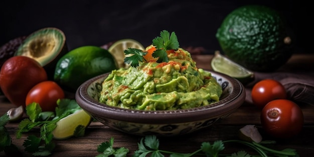 Un bol de guacamole est posé sur une table en bois.