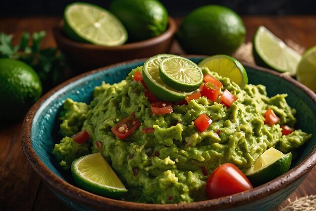 Un bol de guacamole mexicain avec une garniture de citron vert