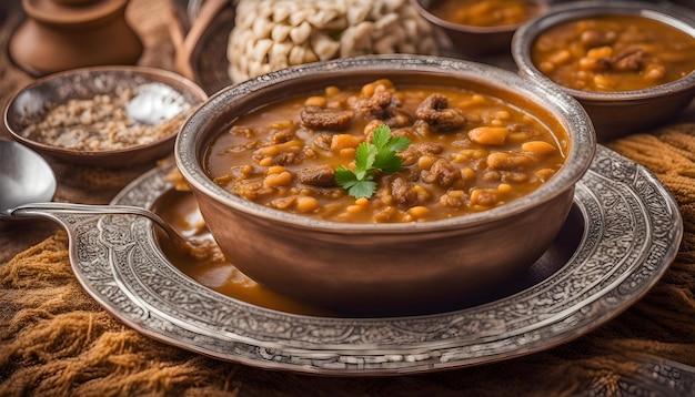 un bol de haricots avec une cuillère et d'autres plats