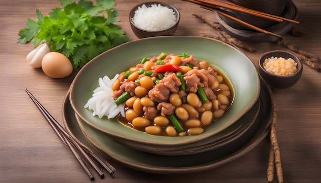 un bol de haricots avec du riz et des légumes sur une table