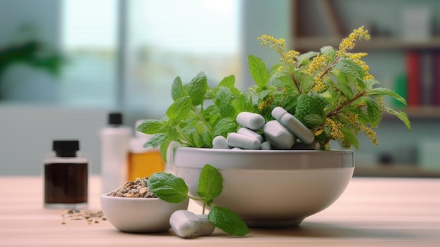 Un bol d'herbes et un bol d'herbes sur une table