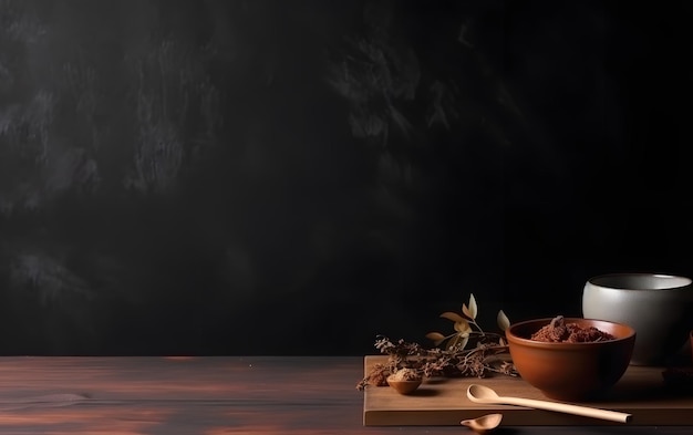 Un bol d'herbes séchées et d'épices sur une table en bois avec un fond noir.