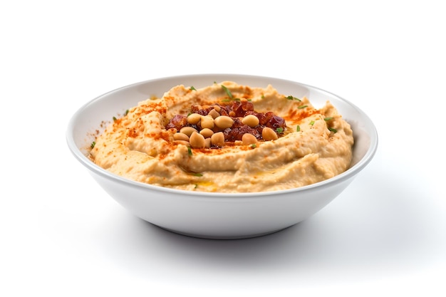 Un bol de houmous avec un fond blanc