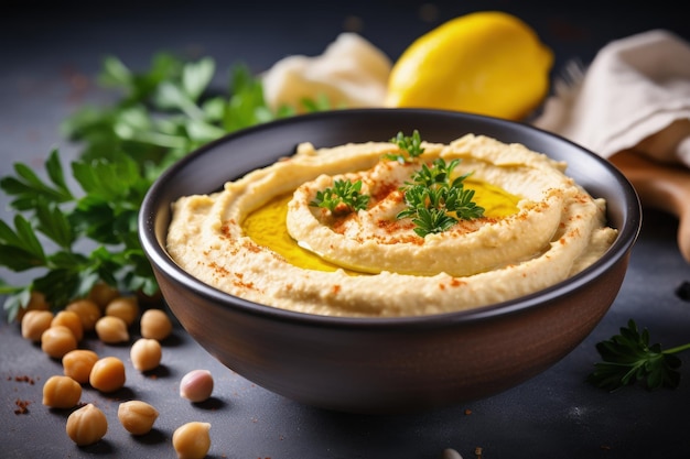 Un bol de houmous en format vertical avec des ingrédients sur un fond clair