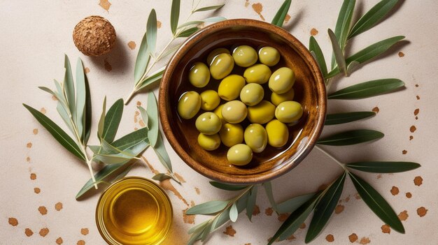 Un bol d'huile d'olive et d'olives vertes avec des feuilles