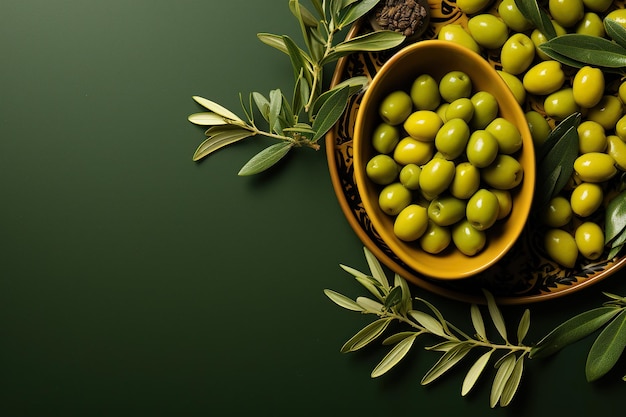 Un bol d'huile d'olive vert olives feuille d'olive verte sur fond vert