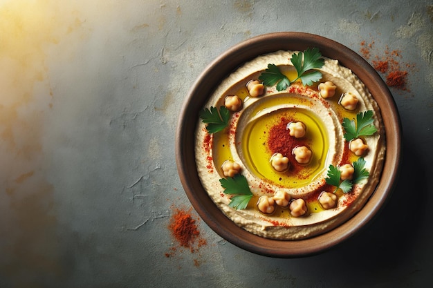 Un bol d'hummus crémeux avec de l'huile d'olive et des chips de pita