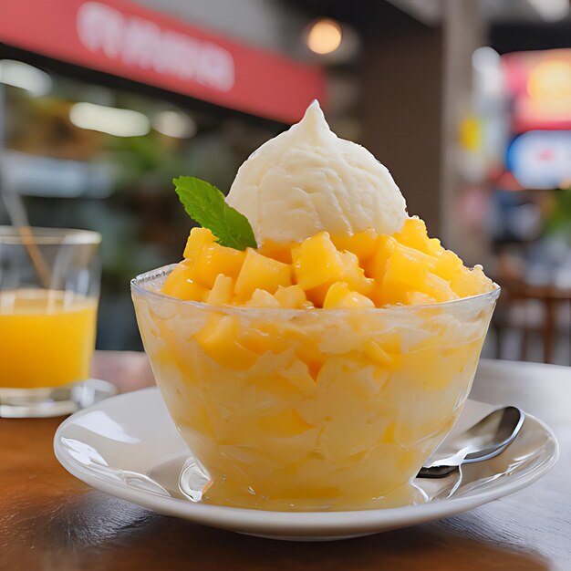 Photo un bol de jus d'ananas et de mangue est posé sur une table