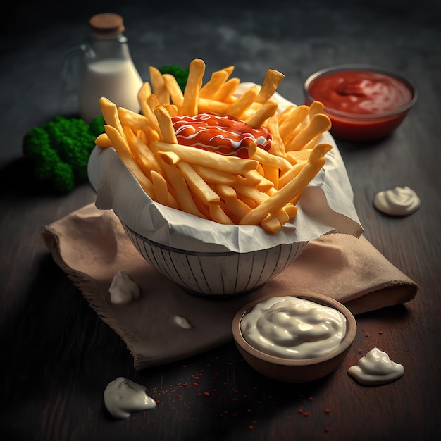 Un bol de ketchup et un bol de ketchup sont sur une table.