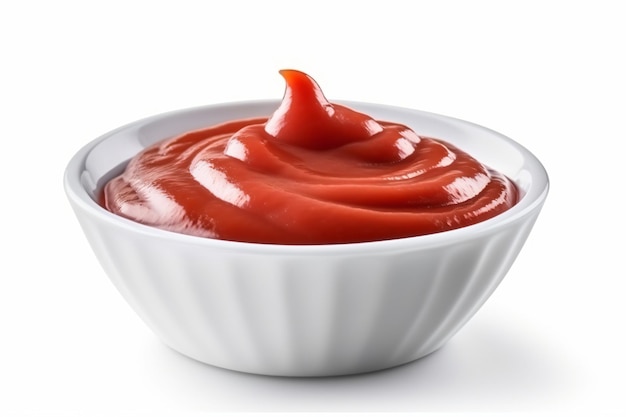 un bol de ketchup sur fond blanc