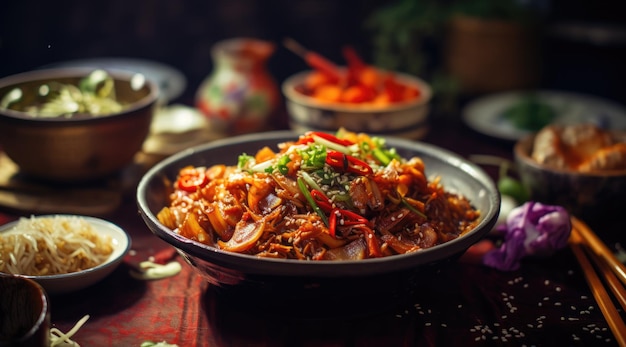 Un bol de kimchi coréen traditionnel au chou fermenté sur la table IA générative