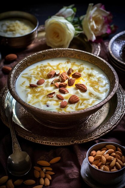 un bol de lait d'amande avec des amandes et des amandes sur une table.