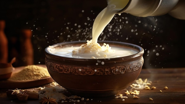 Un bol de lait est versé dans un bol avec une cuillère.