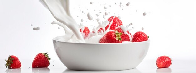 Un bol de lait ou de yaourt avec des fraises sur un fond blanc IA générative