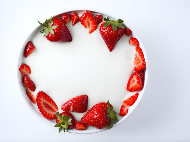 Un bol de lait ou de yaourt garni de fraises isolé sur fond blanc ai génératif