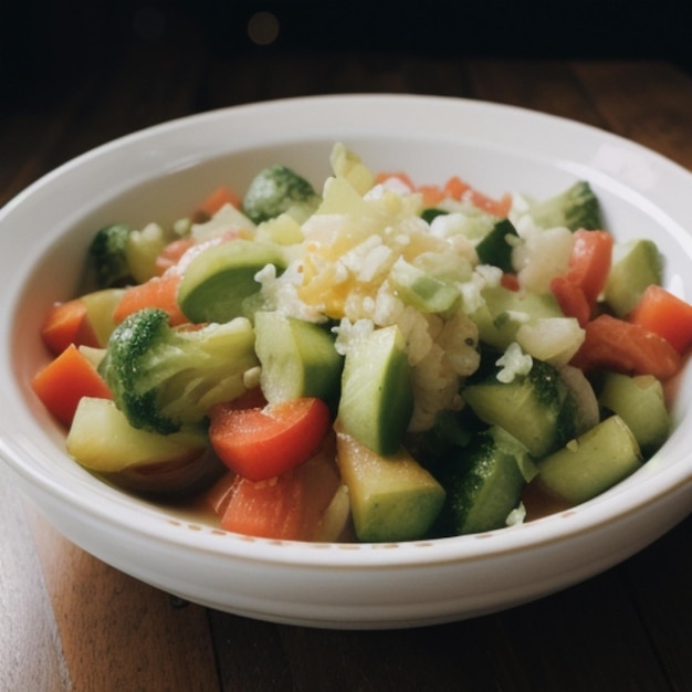 un bol de légumes avec un bol blanc de légumes sur une table.