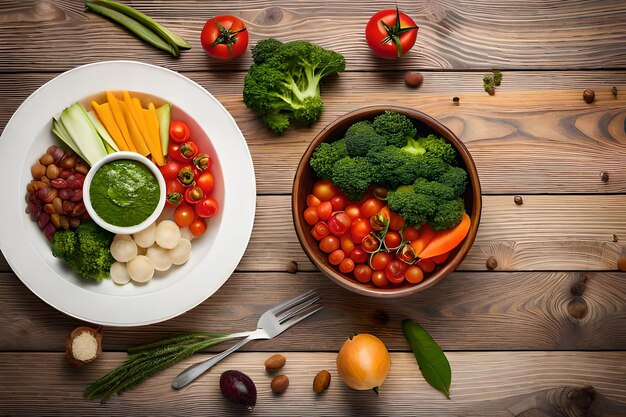 un bol de légumes et un bol de brocoli sur une table en bois.