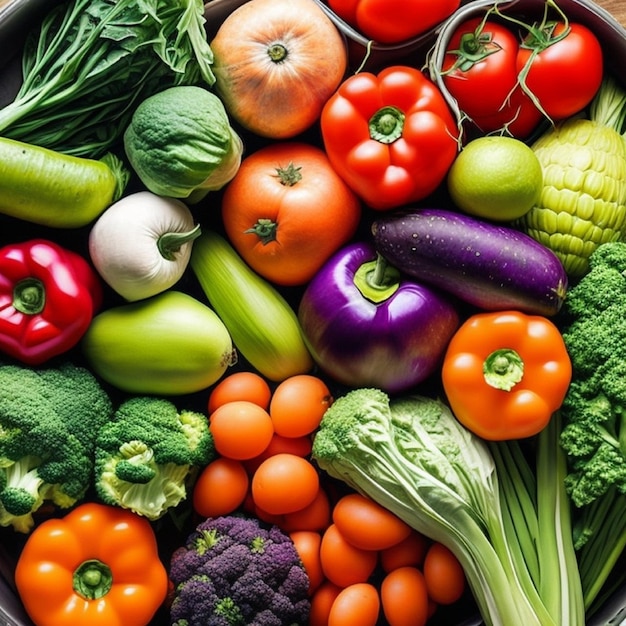 Un bol de légumes comprenant du brocoli, des tomates et des concombres.