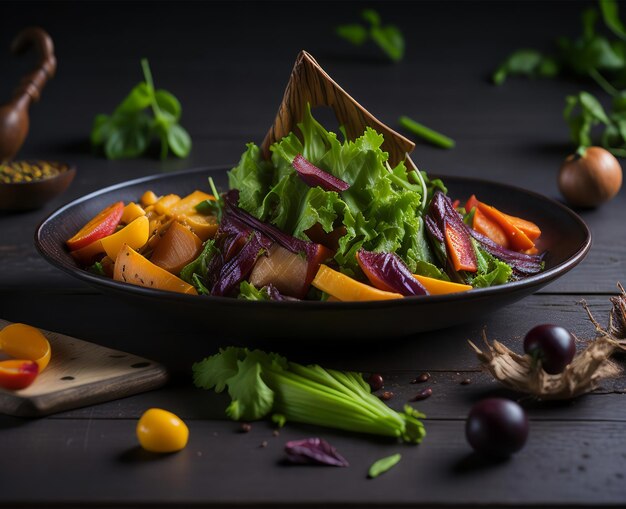 Un bol de légumes avec une cuillère en bois sur un fond sombre