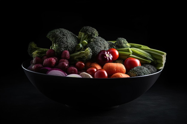 Un bol de légumes avec un fond noir