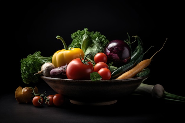 Un bol de légumes avec un fond sombre