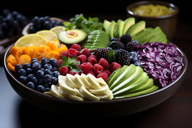 un bol avec des légumes et des fruits dessus