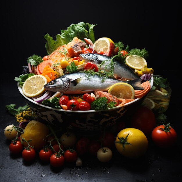 un bol de légumes et de fruits de poisson sur une table