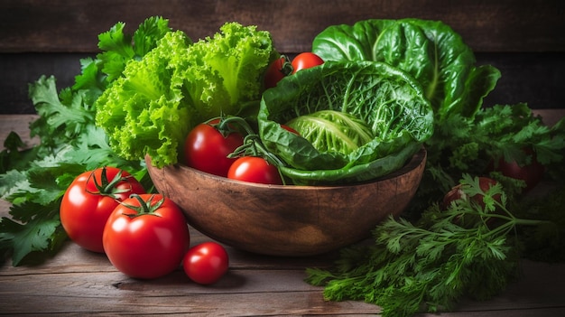 Un bol de légumes avec de la laitue et des tomates sur la table