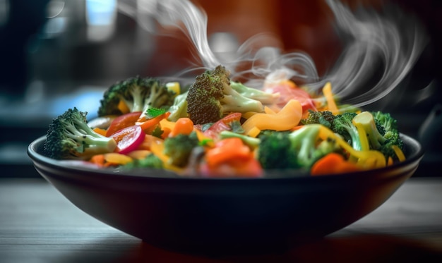 Un bol de légumes avec de la vapeur s'élevant du bol.