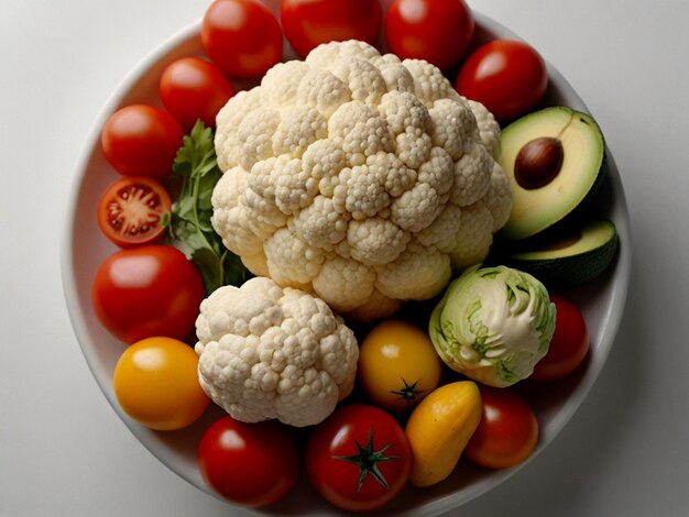 un bol de légumes, y compris du brocoli, du chou-fleur, des tomates et des concombres