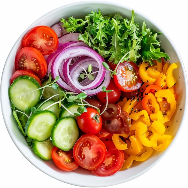 un bol de légumes, y compris des tomates, des poivrons et des concombres