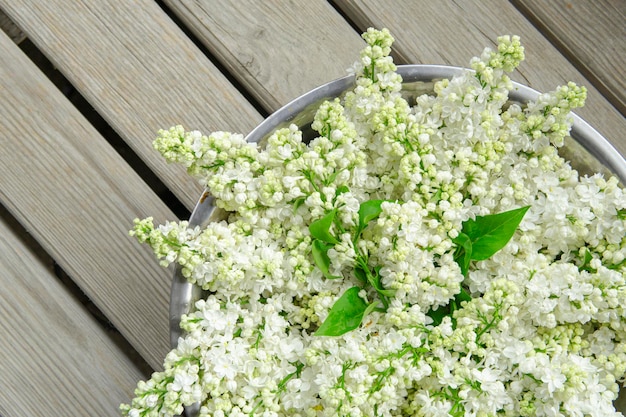 Bol lilas blanc sur fond de bois