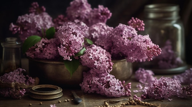 Un bol de lilas violets est posé sur une table avec un bol en or et un bol en argent avec un anneau en or et un bol en argent avec un bouquet de fleurs.