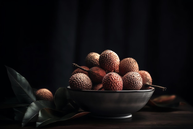 Un bol de litchi est posé sur une table.