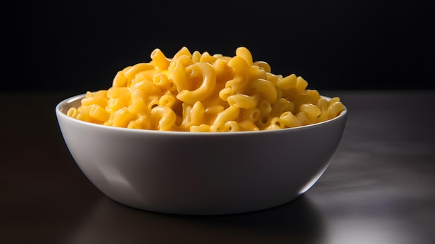 Un bol de macaroni au fromage est posé sur une surface sombre.